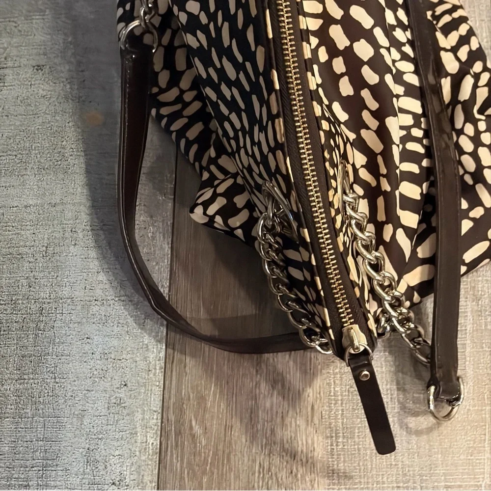 Kate Spade New York Brown & Cream Nylon Tote Bag Chain Strap Zip Top